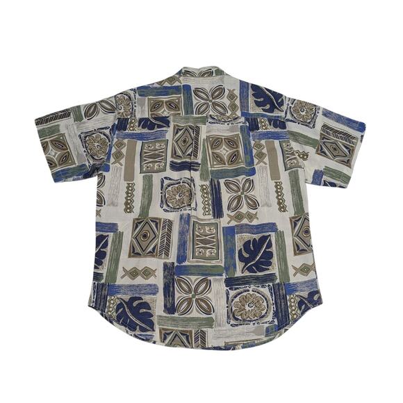 Vintage Bugle Boy Tropical Hawaiian Button Down Shirt Short Sleeve Collared Tan - Picture 2 of 3